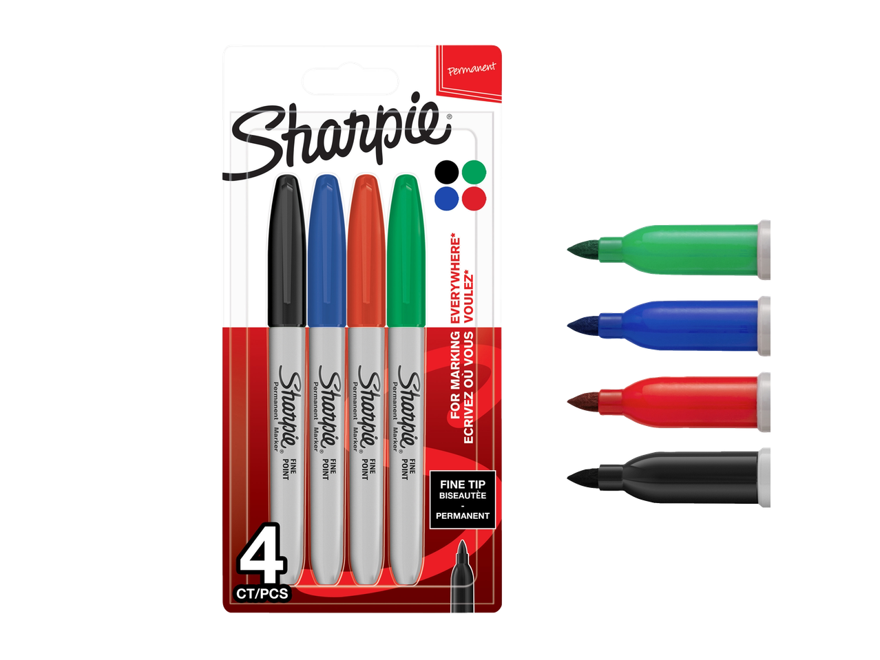Sharpie permanente stiften in zwart, blauw, rood en groen, 4-pack, met fijne punt.