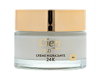 Creme Facial de Dia Cien Gold 24K num frasco de vidro com tampa dourada.