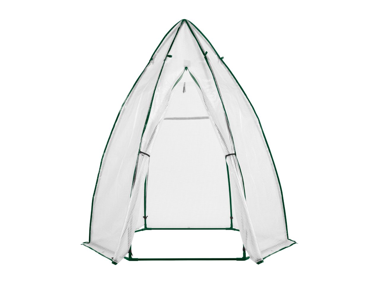 Small pointed greenhouse with a zippered door and green frame