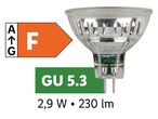 GU 5.3 LED žarnica z oznako energijske učinkovitosti F, 2,9 W, 230 lm.