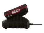 A black and red power tool battery charging on a black charger, with a visible battery level indicator.