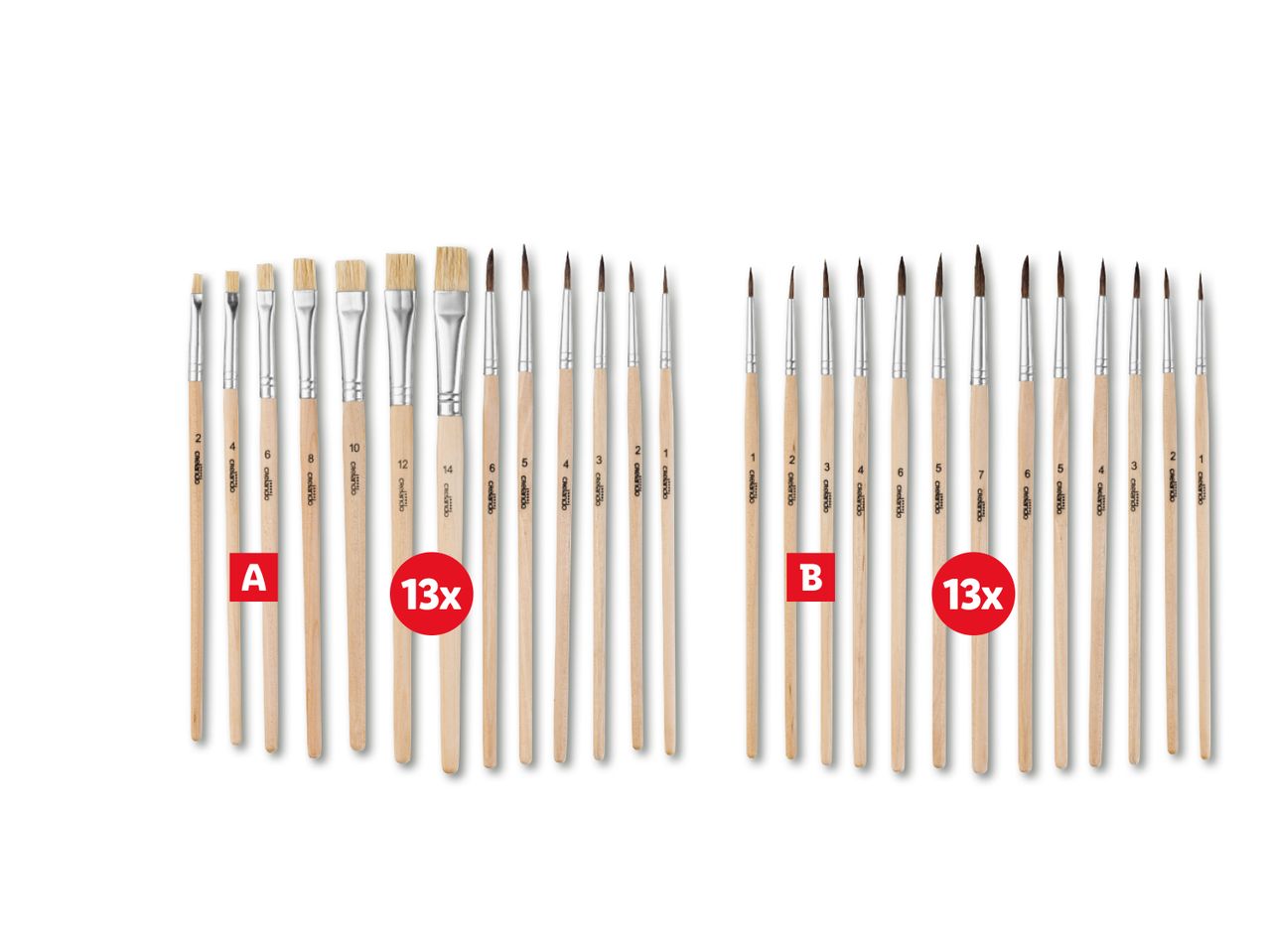 Crelando pintslite komplekt: 13 laia ja 13 peent pintslit.