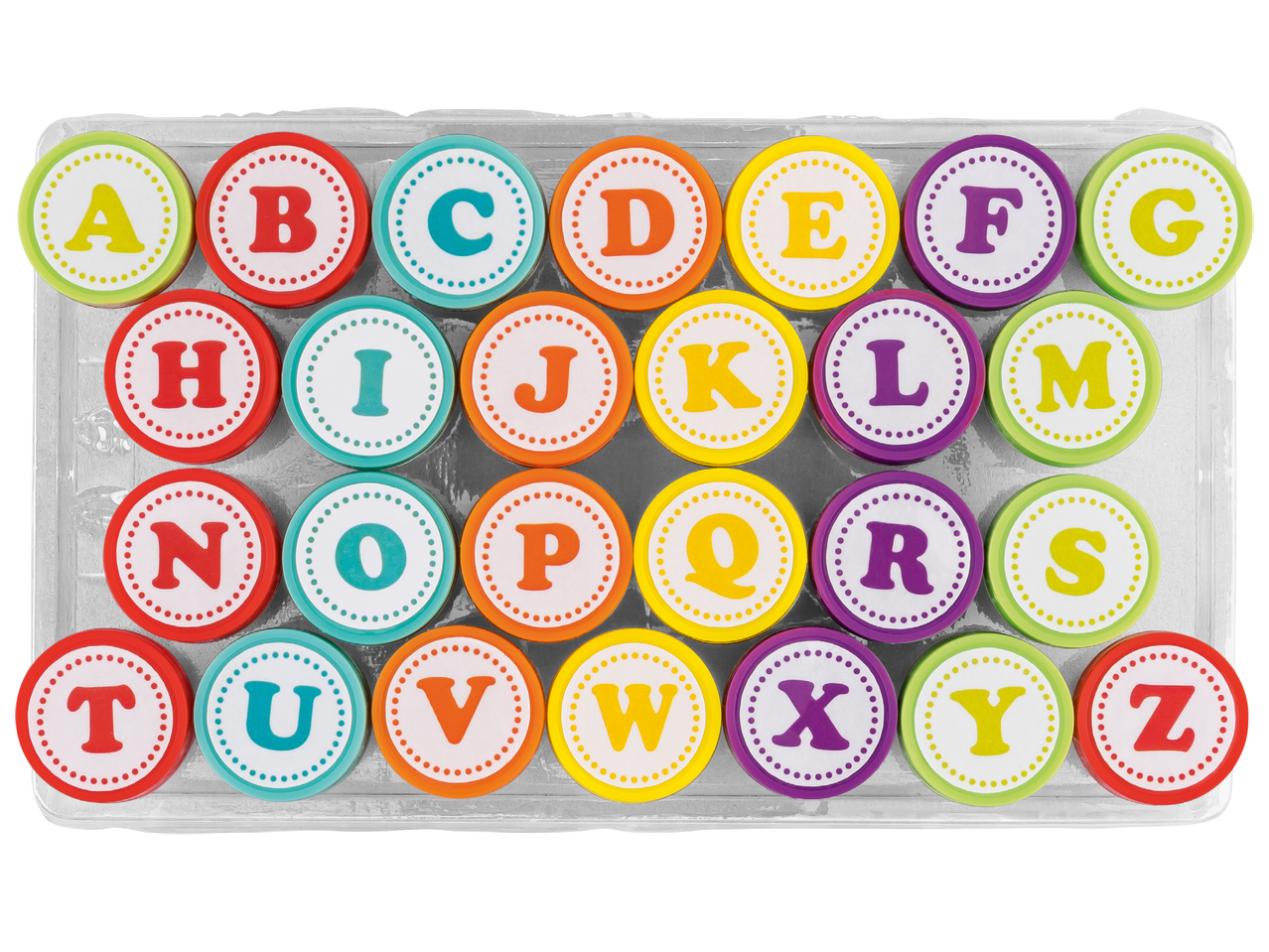 Комплект от 26 цветни кръгли магнита с буквите на английската азбука.