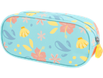 Pencil case with a light blue background and a pattern of pink hibiscus flowers and yellow seashells.