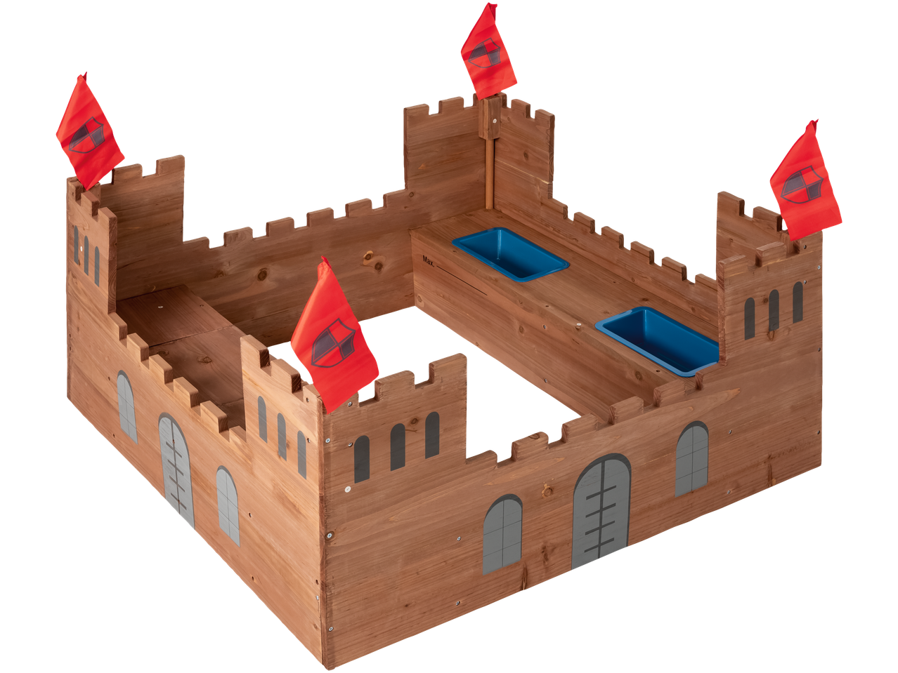 Lastele mõeldud puidust liivakast loss, siniste ämbritega.