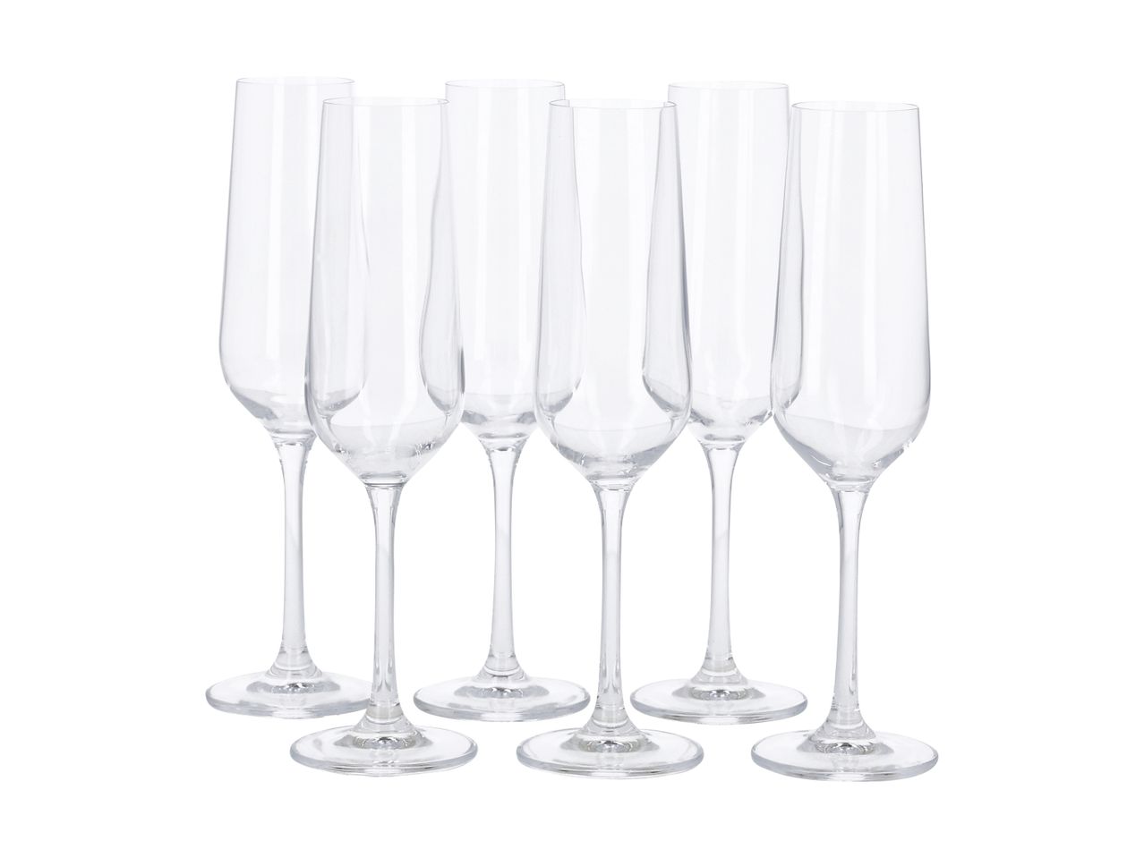 Seks tomme champagneglas med lange stilke og slanke skåle.