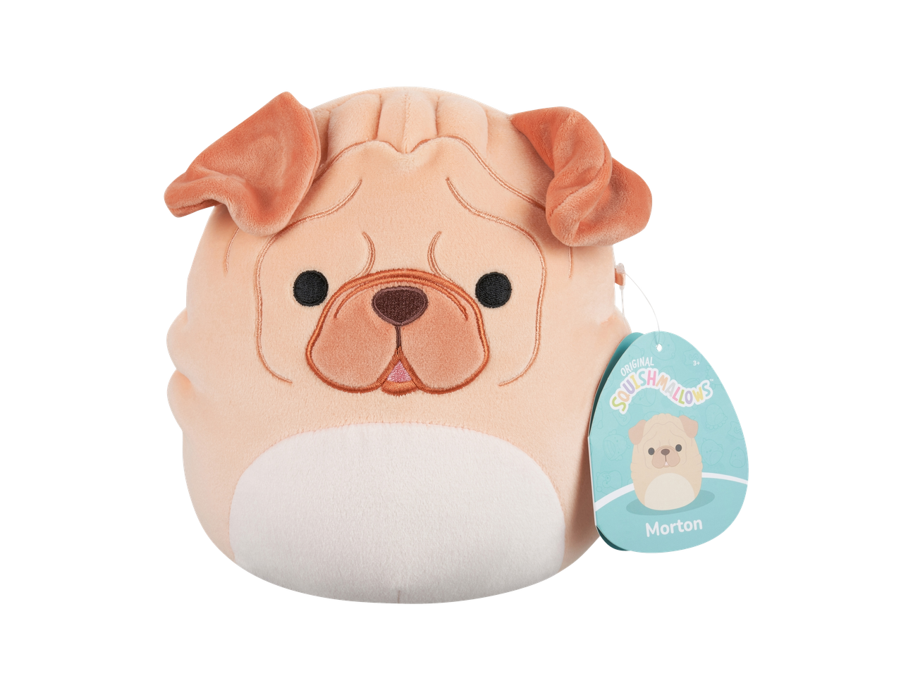 Pug-shaped plush toy with a tag, beige with brown details.