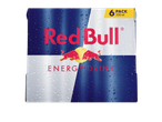 Pack de 6 boissons énergisantes Red Bull avec des gouttelettes d'eau sur l'emballage