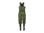 Green fishing waders with black suspenders and belt.