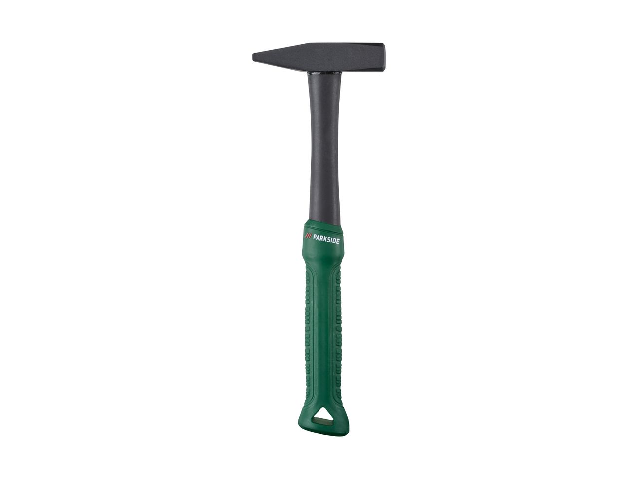 A black hammer with a green and black handle, featuring a textured grip.