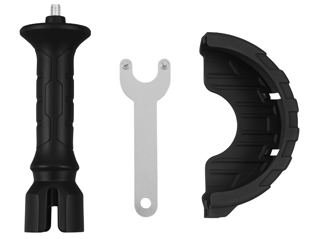 Комплект аксесоари за ъглошлайф, включващ дръжка, ключ и предпазител.