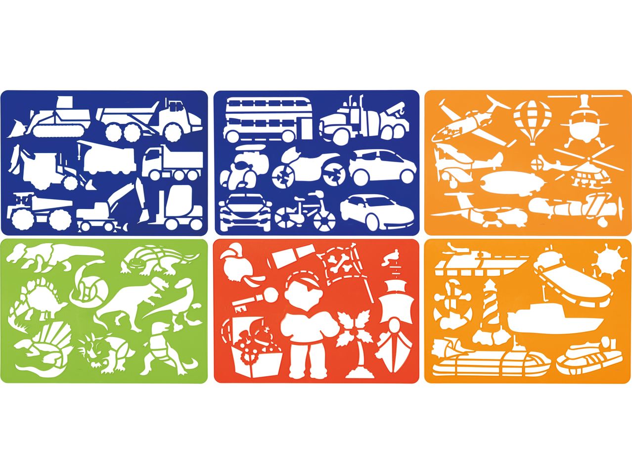 Sei stencil colorati con immagini di veicoli, dinosauri, navi e altri oggetti.