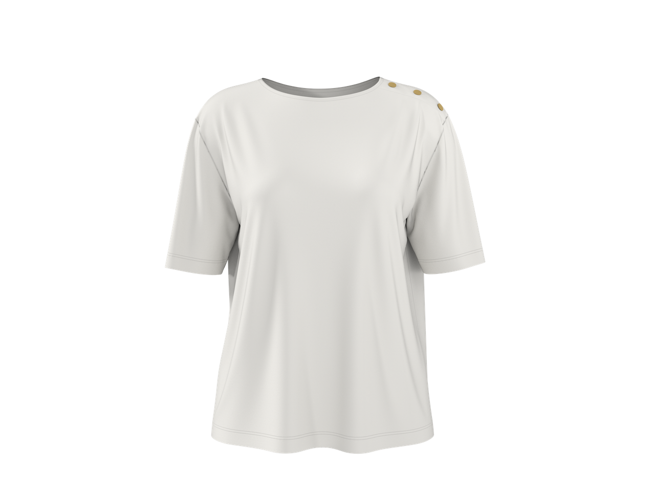 Tricou alb cu mânecă scurtă și nasturi aurii pe umăr.