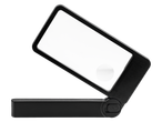 Black foldable magnifying glass with LED light and additional lens, open on a black background.