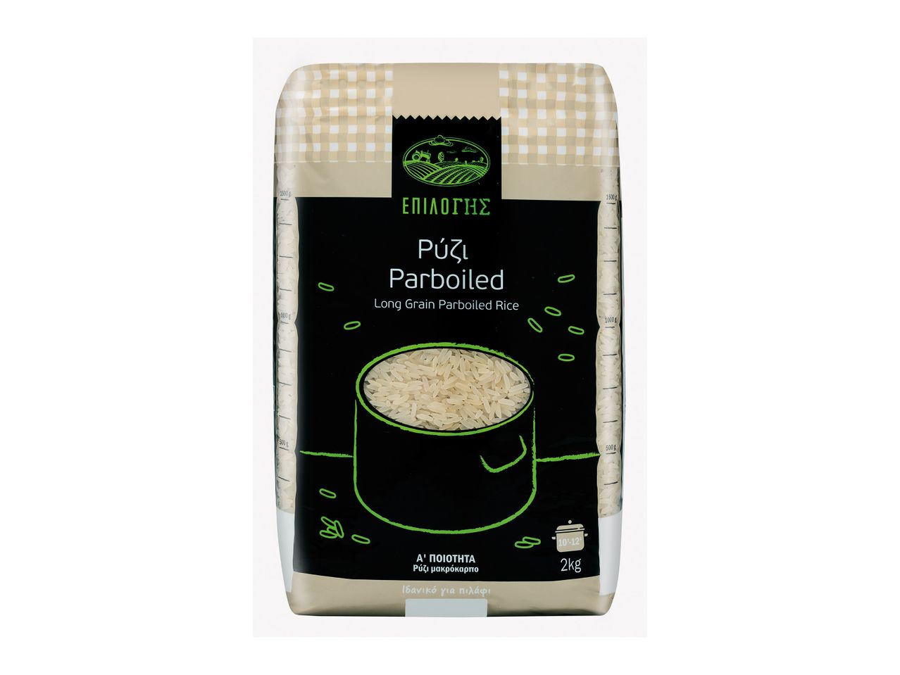 Μια σακούλα ρύζι parboiled μακρύκοκκο, 2 κιλών, με οδηγίες μαγειρέματος και εικονογράφηση κατσαρόλας.