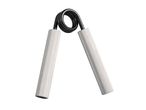 A hand gripper with white textured handles and a black spring.