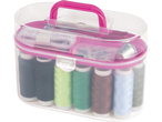 Sewing kit with thread spools, tape measure, and accessories in a pink case.