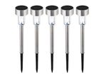 Five solar-powered garden path lights with stainless steel and clear plastic casing.