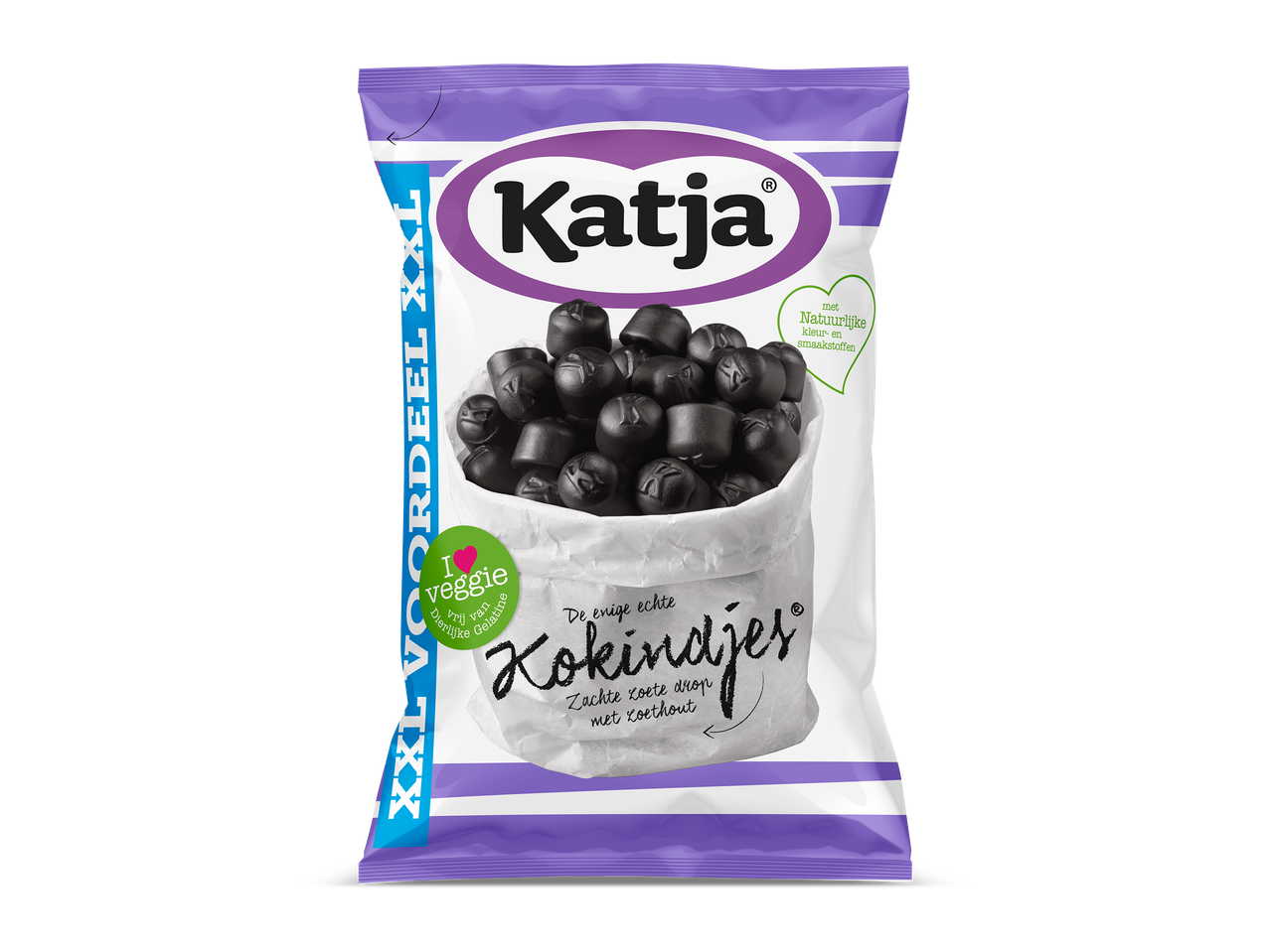 Een paarse zak met zachte zoete drop, met de tekst 'XXL voordeel' en 'I veggie'.