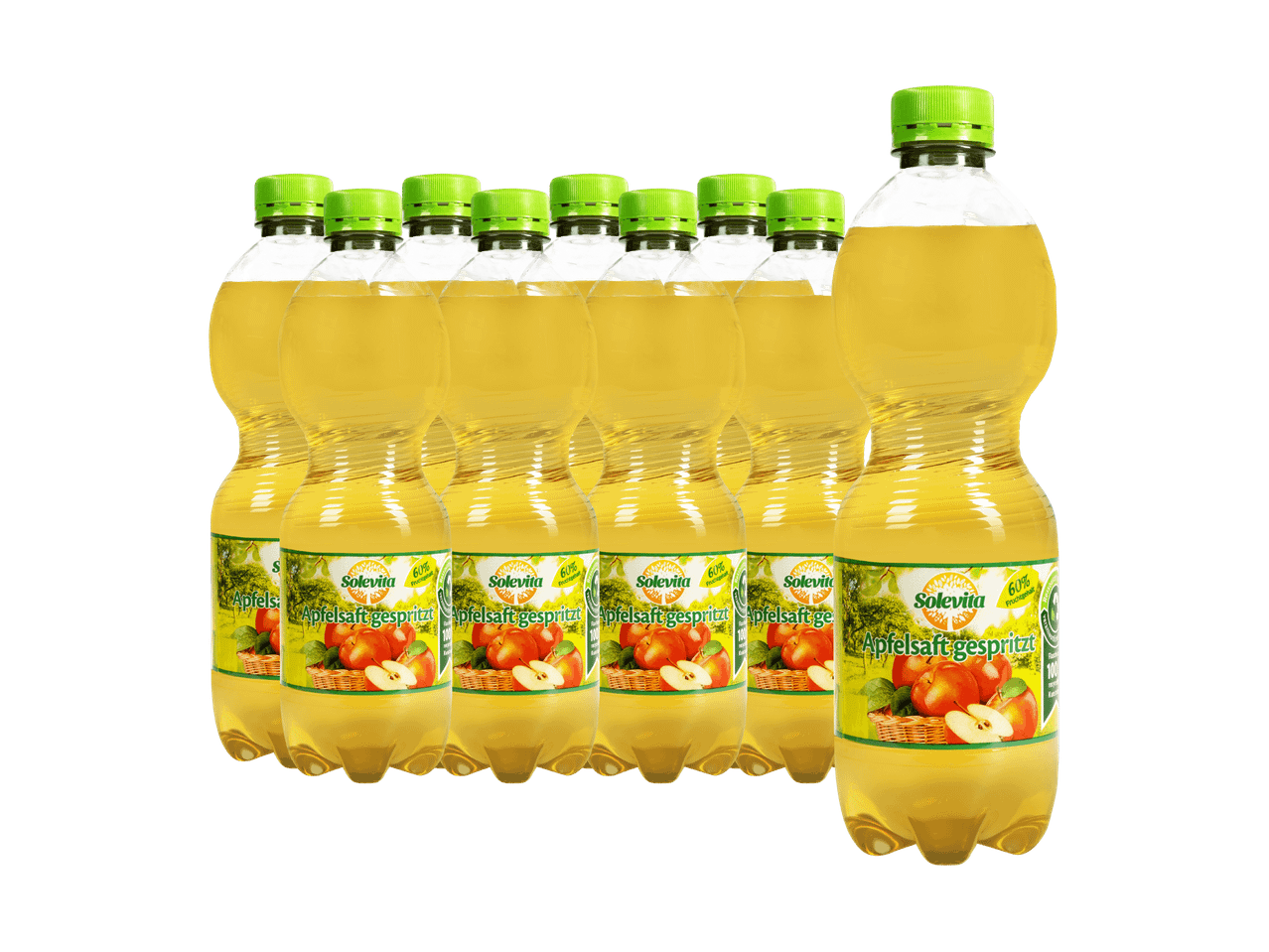 Acht Flaschen Solevita Apfelsaft-Gespritztes stehen nebeneinander.