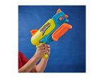 Child's hands holding a yellow and blue water blaster with orange accents against a blue background.