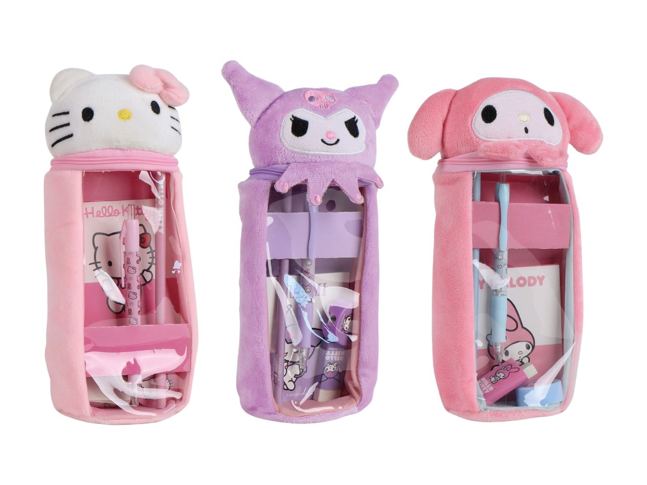 Three plush pencil cases featuring Hello Kitty, Kuromi, and My Melody, each containing stationery.