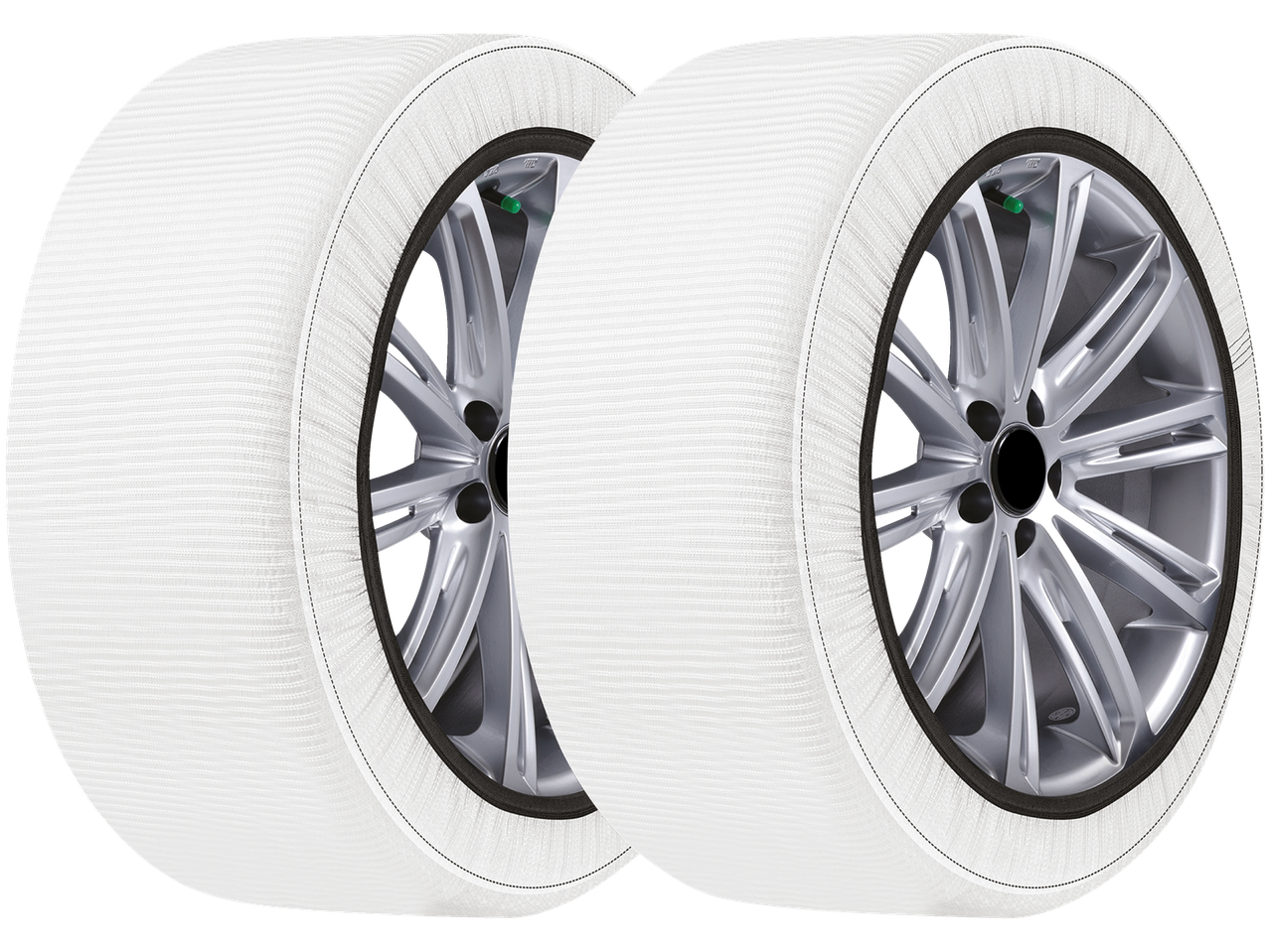 Menabo, Automobilinės sniego kojinės: Dvi baltos tekstilinės sniego kojinės automobilių padangoms.