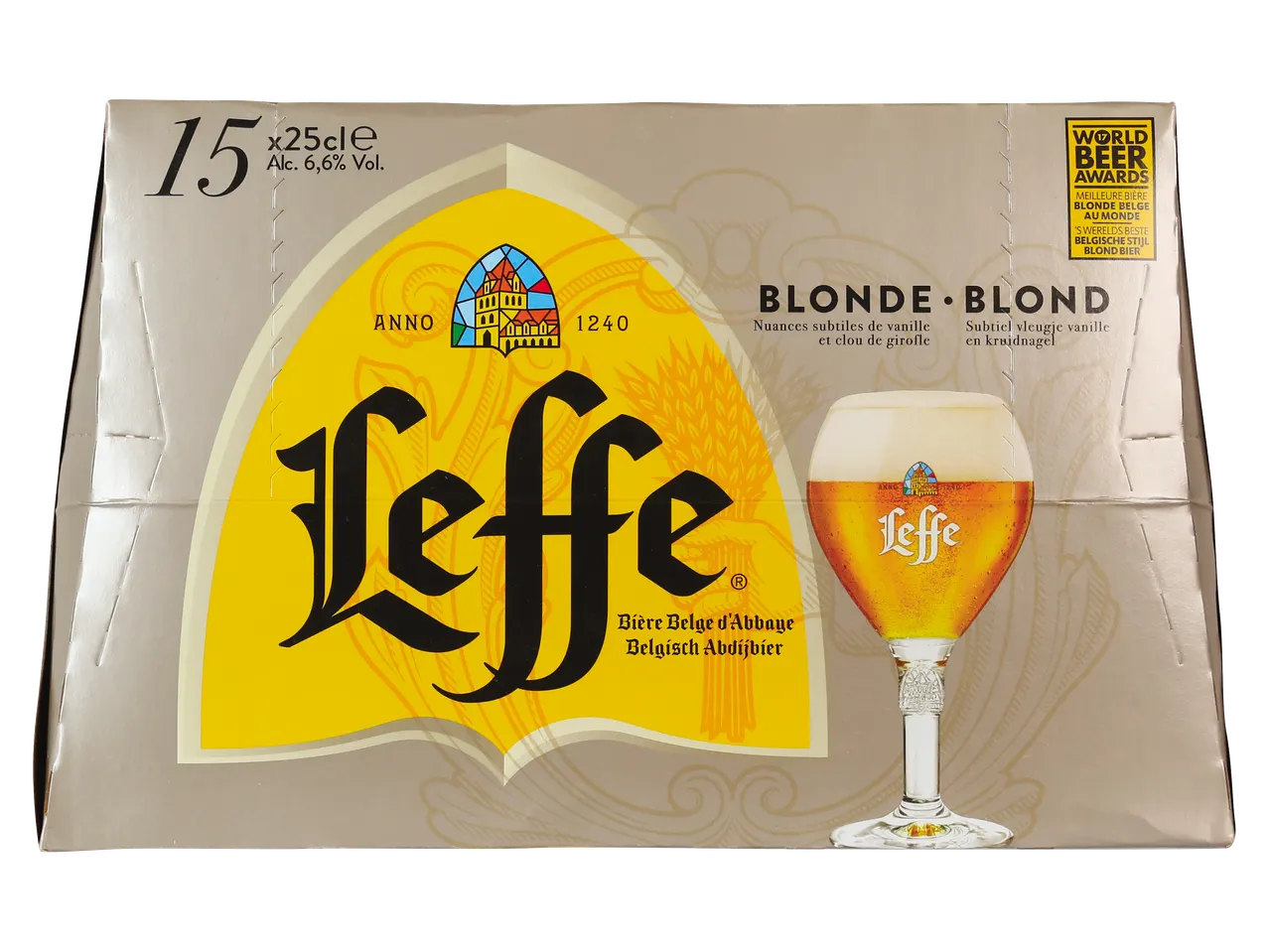 Caisse de 15 bières blondes d'abbaye de 25cl, 6,6% Vol., avec des notes de vanille et de clou de girofle.