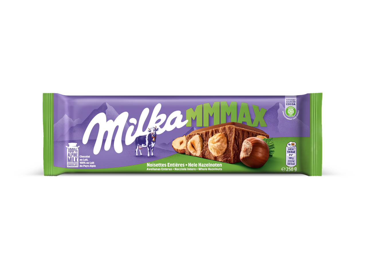 Melkchocoladereep met hele hazelnoten, 250 g.