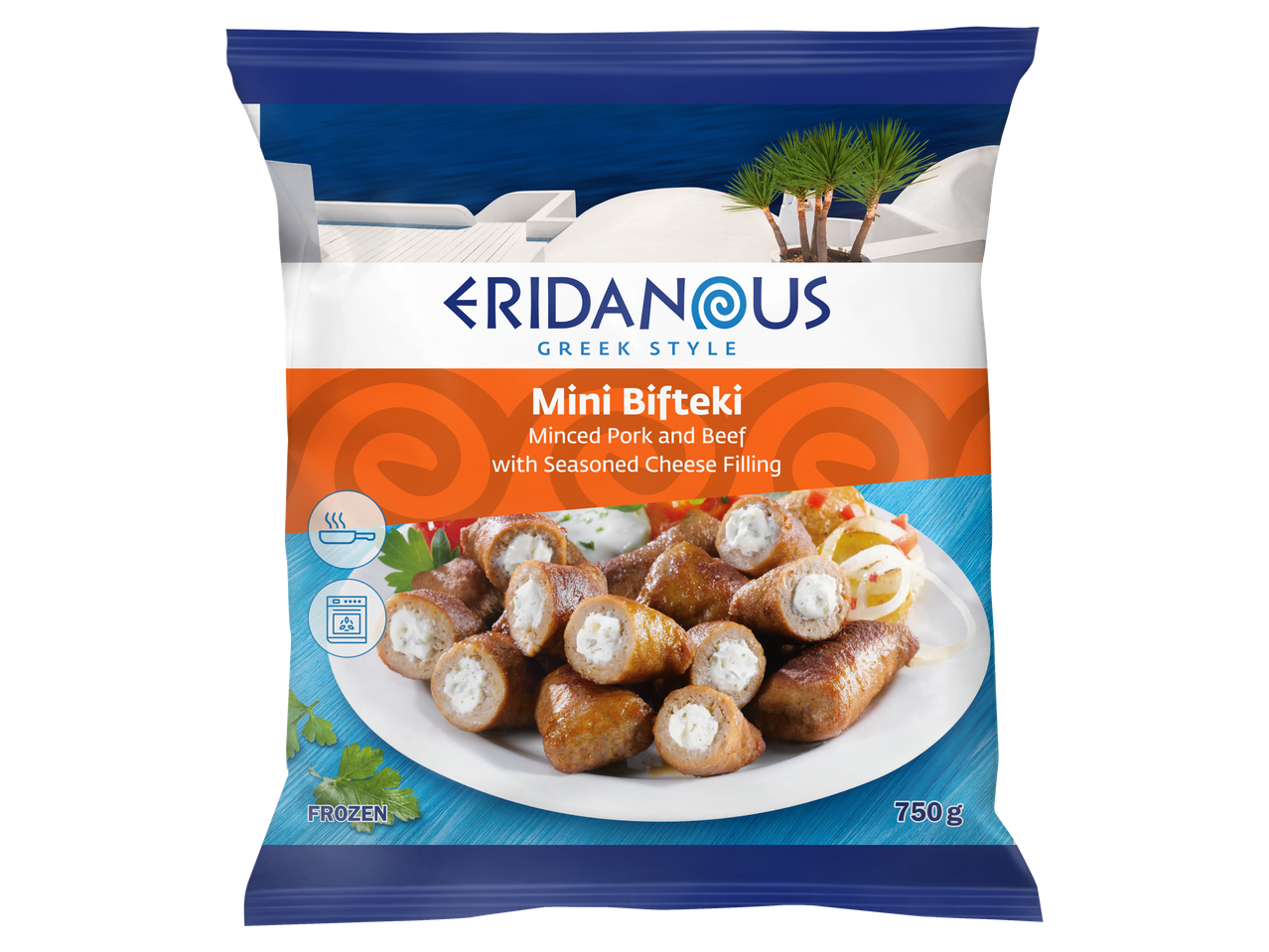 Eridanous Mini Bifteki: Diepvries gehaktrolletjes met kaasvulling.