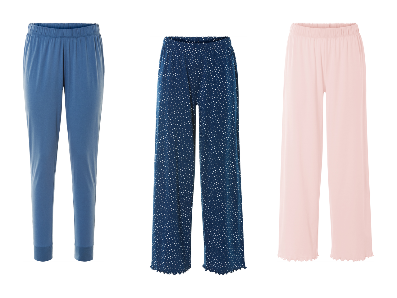 Trije pari ženskih pižamnih hlač: modre, temno modre s pikami in rožnate.