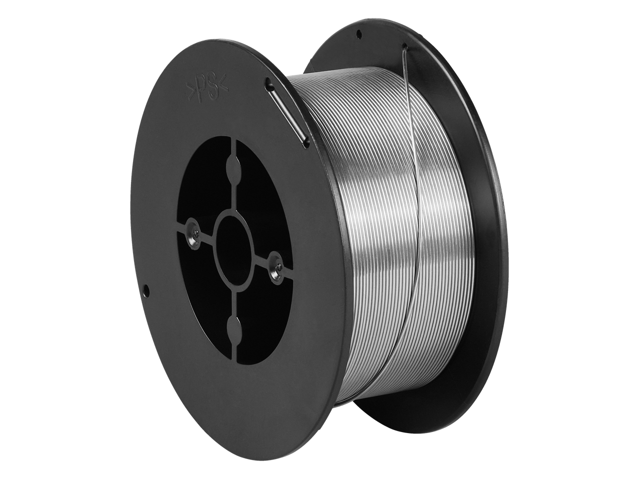 Bobină de sârmă de sudură metalică pe o bobină neagră.