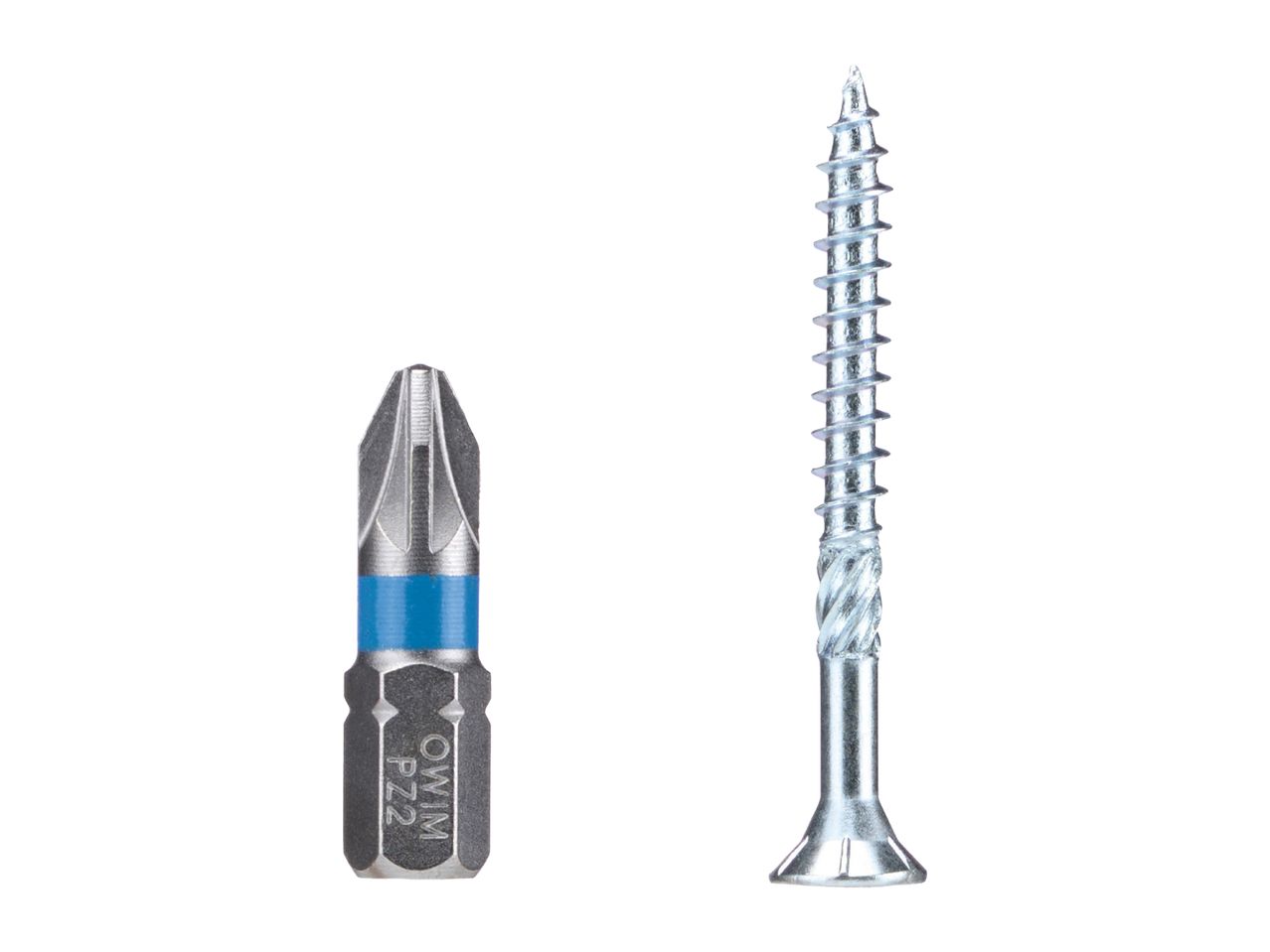 A silver screw and a PZ2 screwdriver bit with a blue band.