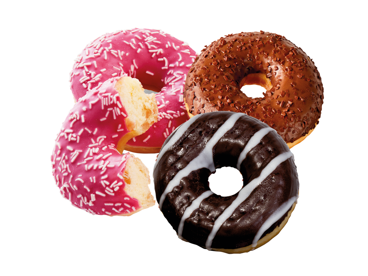 Tre läckra donuts; rosa med strössel, choklad med chokladströssel och choklad med vit glasyr.