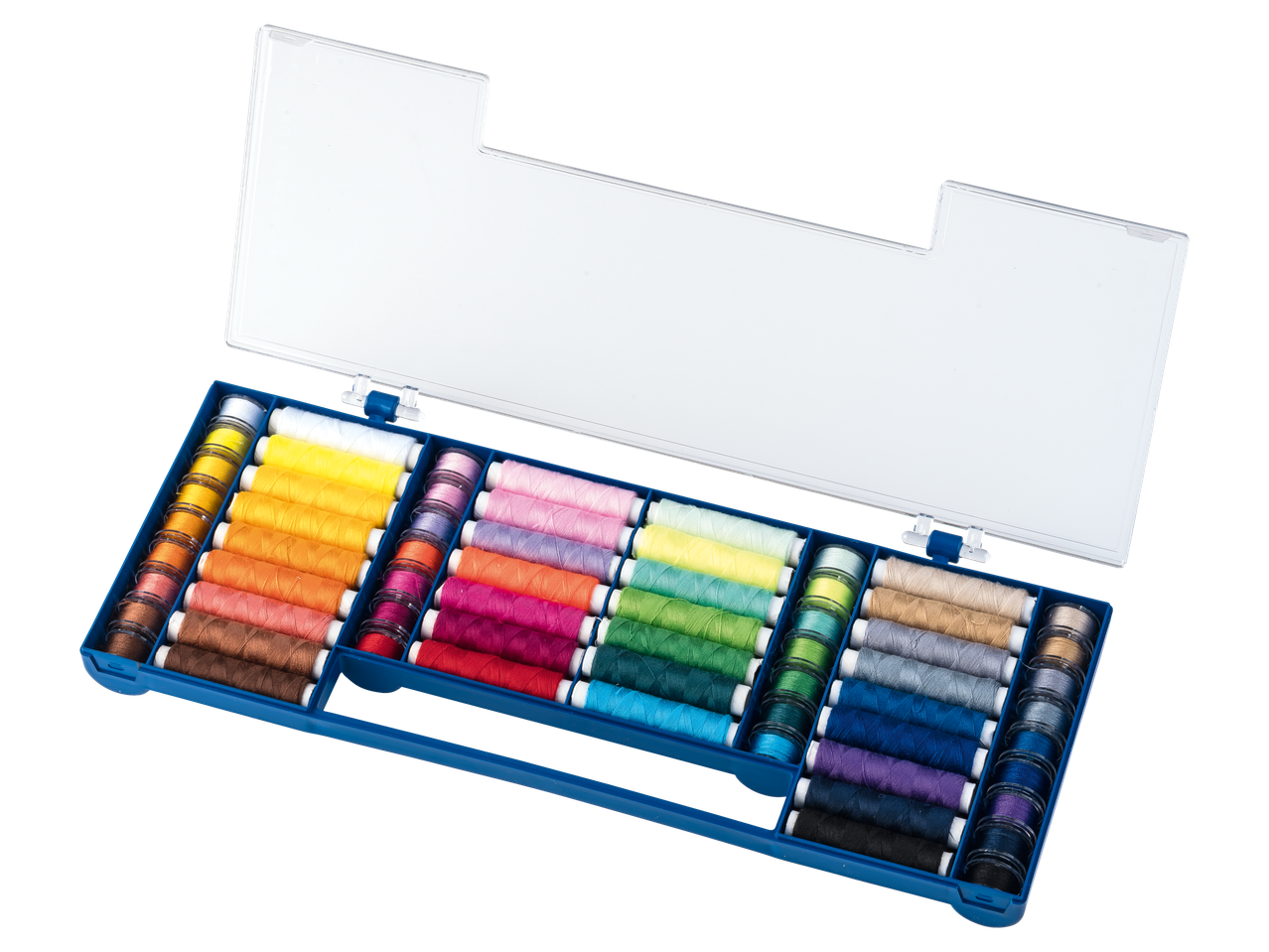 Conjunto de costura Crelando com linhas coloridas e bobinas numa caixa azul