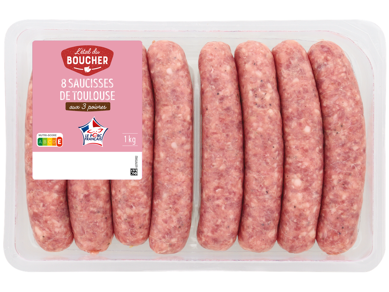 8 saucisses de Toulouse aux 3 poivres, 1 kg, avec Nutri-Score D et label Le Porc French.