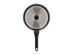 Black frying pan with a textured silver base and a black handle.