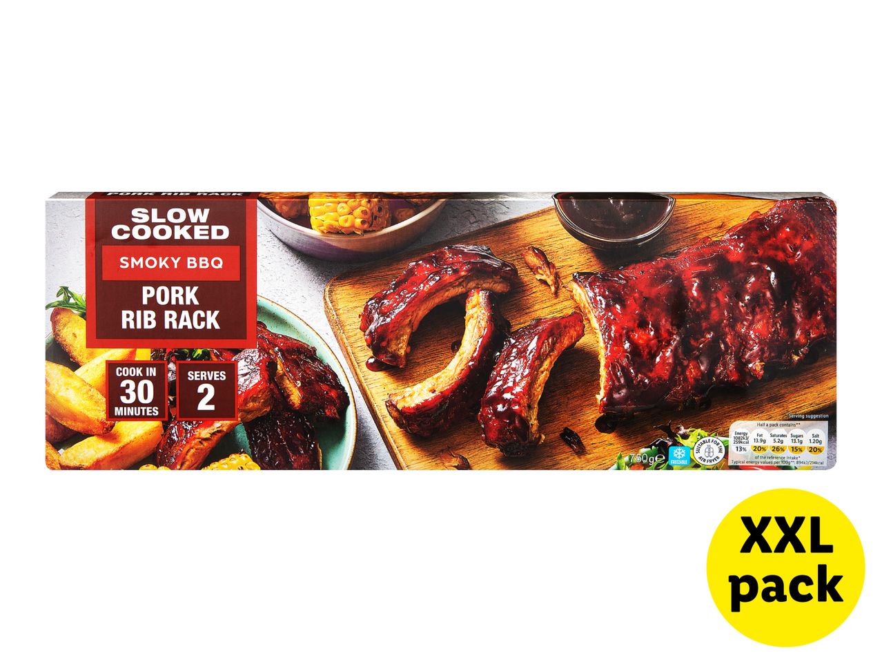 Slow cooked smoky BBQ pork rib rack, XXL pack, cooks in 30 minutes, serves 2.