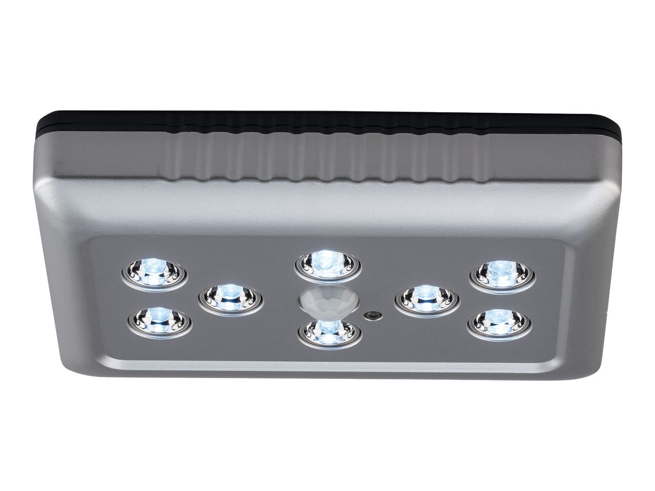 Silver LED motion sensor light with eight bright lights and a central sensor.
