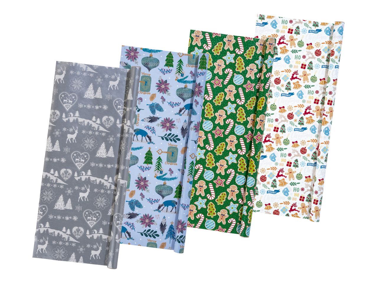 Vier Rollen Geschenkpapier mit verschiedenen Weihnachtsmotiven wie Rentieren, Lebkuchenmännern und Weihnachtsbäumen.