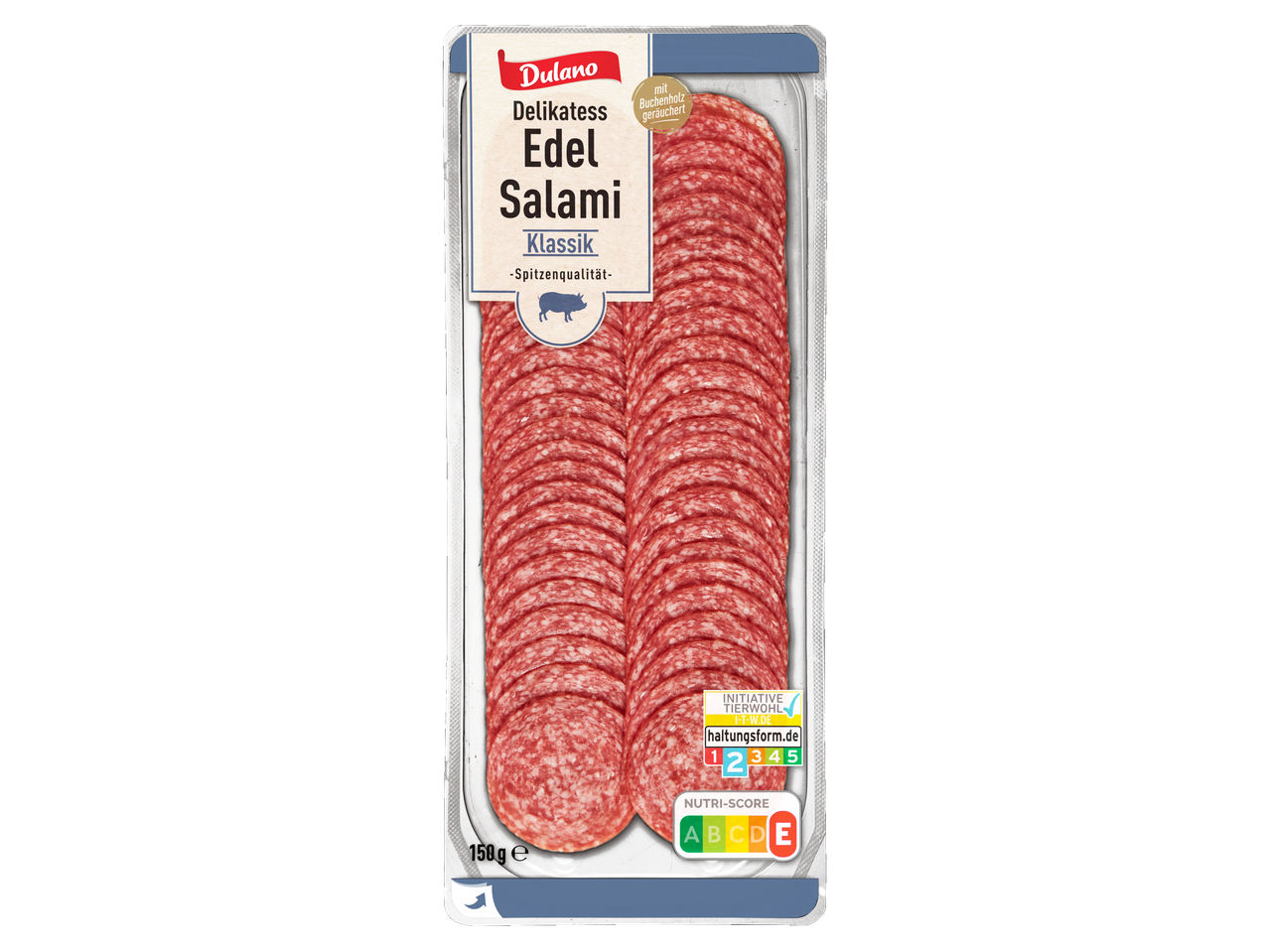 Dulano Delikatess Edel Salami Klassik, 150g, mit Nutri-Score D und Initiative Tierwohl.