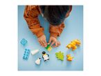 Child playing with colorful building blocks and animal figures on a blue surface.