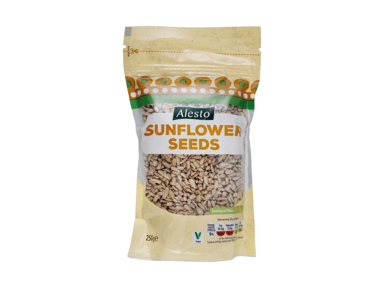 A clear plastic bag of sunflower seeds with nutritional information and a vegan logo.