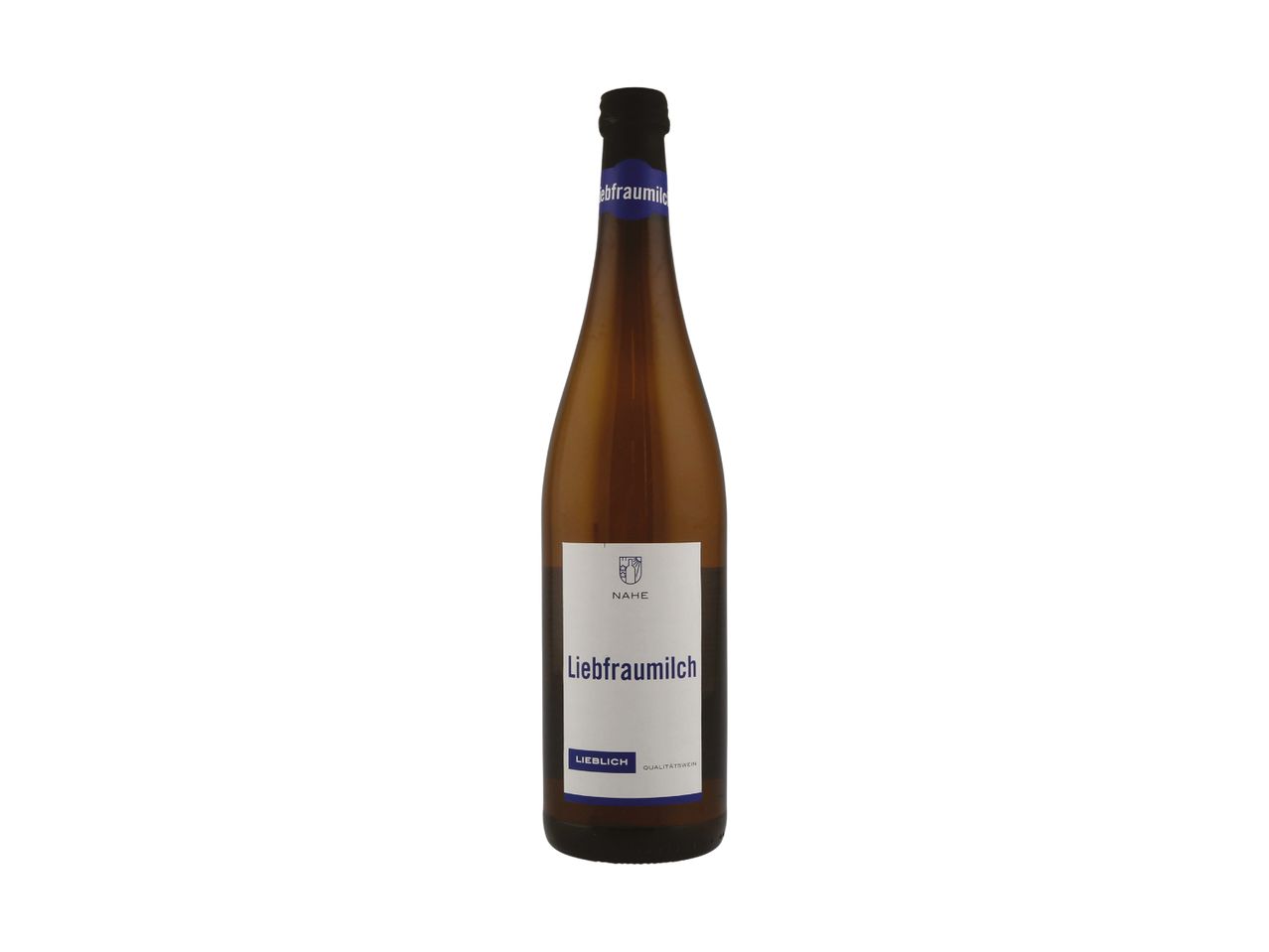 A bottle of Liebfraumilch white wine with a blue and white label on a white background.