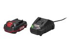 A black and red power tool battery and a black battery charger with a green light.