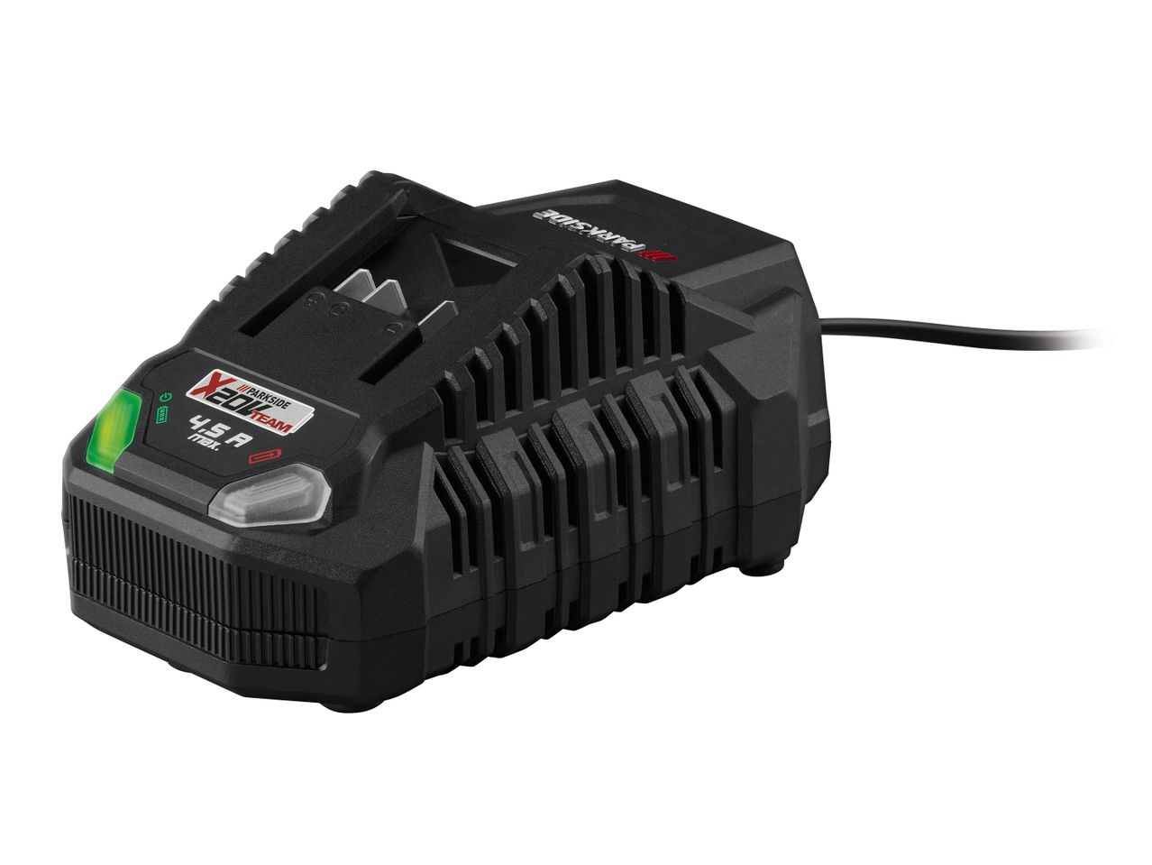 Black Parkside X 20V Team battery charger with a green indicator light.