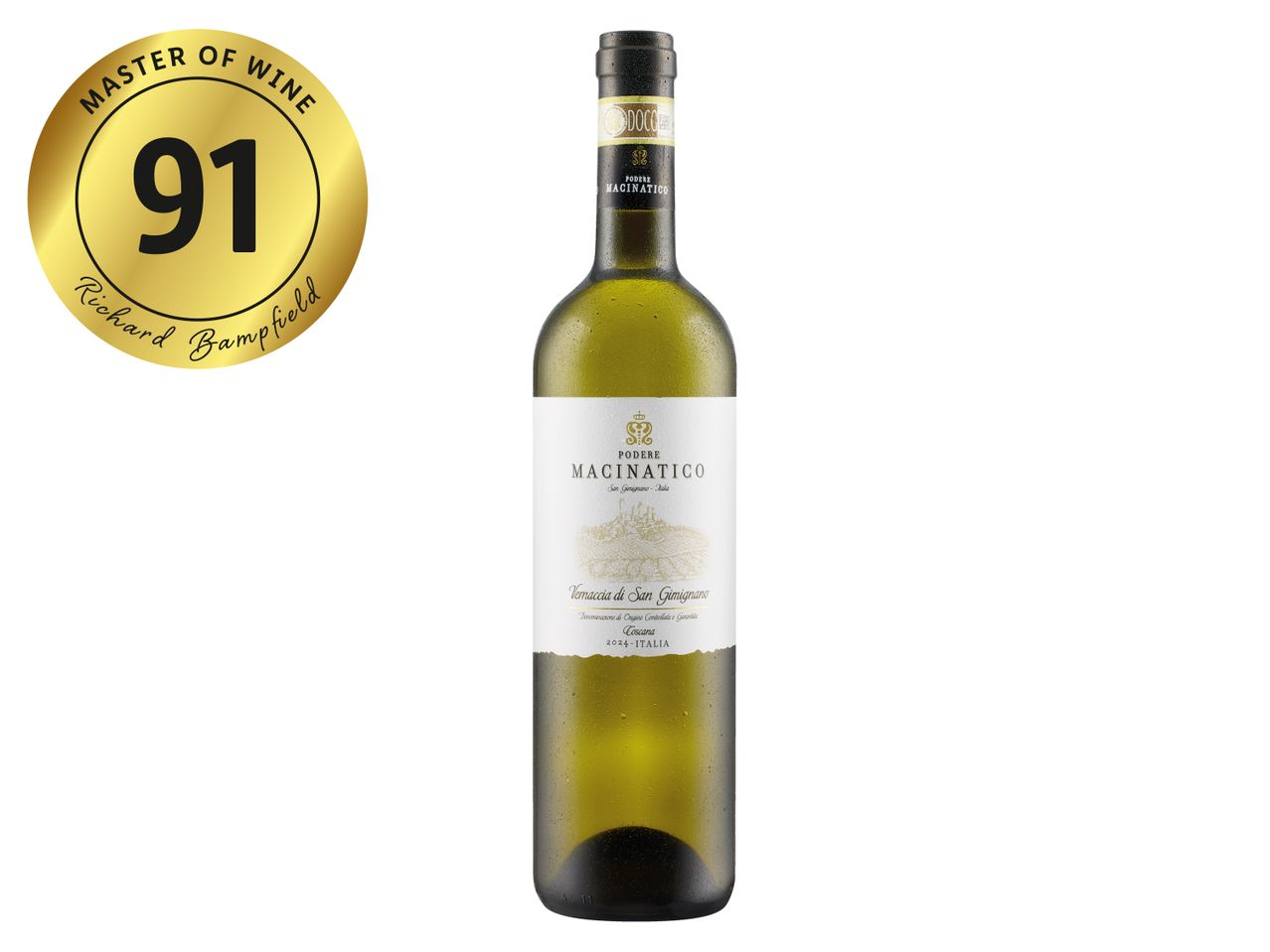 A bottle of Podere Macinatico Vernaccia di San Gimignano wine with a 91-point Master of Wine rating.