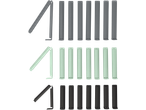 Three rows of bag clips in grey, light green, and black, with some open and some closed.