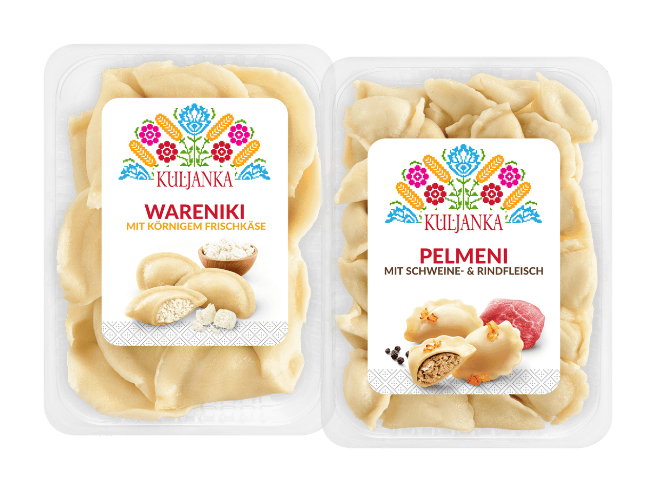 Zwei Packungen mit Teigtaschen: Wareniki mit Frischkäse und Pelmeni mit Schweine- & Rindfleisch.