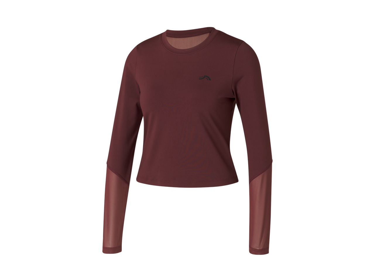 Tumši sarkans, garām piedurknēm sporta krekls ar acs tīkla ieliktņiem uz piedurknēm.